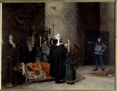 Begravelse af Vilhelm Erobreren (1027-1087), konge af England fra 1066 til 1087 (1087), i Abbey aux Hommes (Abbey-au-Hommes) i Caen. En mand ved navn Asselin afbryder ceremonien. Maleri af Jean Paul Laurens (1838-1921) af Jean Paul Laurens