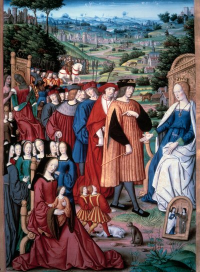 Allegori: fornuft og menneske. Kongen af Frankrig Ludvig XII (1462-1515) rykker frem mod den grund, der designer hans kone Dronning Anne af Bretagne (1477-1514). Miniature af Jean Pichore i "" Remedes mod en og anden formue. De remediis utriusque fortunae af Jean Pichore