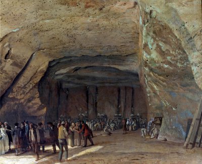 Kælder som saltlager i Dieppedalle omkring 1789 Arbejdere i saltbrud. Maleri af Jean pierre Houel (1735-1813) 1789 cirka søn. 0,65x0,97 m Rouen, musee des Beaux Arts - Hule brugt som lager for salt i Dieppedalle omkring 1789. W af Jean Pierre Houel