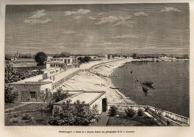Chandernagor (nuværende Chandannagar, i Vestbengalen), ved bredden af Ganges, gravering efter tegningen af J. Moynet, der illustrerer Rajahernes rejse i Indien, i 1864-1868, af Louis Rousselet, udgivet i "" Le tour du monde”” 1874, redigeret af Jean Pierre Moynet
