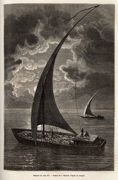 Les barques du haut Nile, reduceret besætning og passagerer, der sover på dækket, i måneskin, gravering efter J. Moynets tegning, der illustrerer rejsen til Afrikas hjerte i 1868-1871, af Dr. Georges Schweinfurth, udgivet i "" Le tour du monde”” 1874, udg af Jean Pierre Moynet