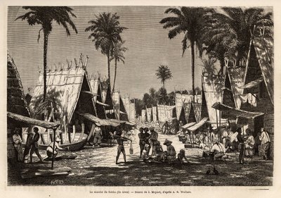 Dobbos march på Arou Island, et havnecenter, animeret af mange købmænd og skibsbygning, indgraveret efter tegningen af J. Moynet, der illustrerer rejsen til den malaysiske øgruppe i 1854-1862, af Alfred Russell Wallace (1823-1913) ), en britisk af Jean Pierre Moynet