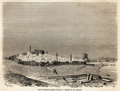 Udsigt over Baku (Rusland, Aserbajdsjan), tegning af Mr. Moynet, for at illustrere rejsen til Det Kaspiske Havs kyst, i oktober 1858, af Mr. Moynet. Indgravering i "" Le tour du monde, nouveau journal des voyages"" Paris af Jean Pierre Moynet