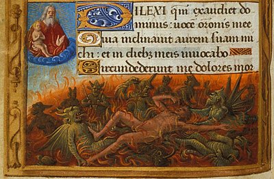 Timebog, detalje: Dyk plaget af dæmoner og overvåget af Lazarus sjæl, ca. 1500 af Jean Poyet