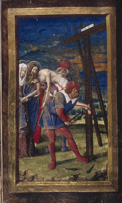 Nedstigningen fra korset fra Lettres bâtardes, ca 1490-1510 af Jean Poyet