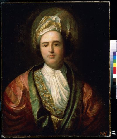 ""Portræt af en komiker i orientalsk scenekostume"" (Portræt af en skuespiller) Han bærer en turban. Maleri af Jean Ranc (1674-1735) Mikhail Kroshitsky kunstmuseum fra det 18. århundrede, Sevastopol (Sevastopol) Ukraine af Jean Ranc