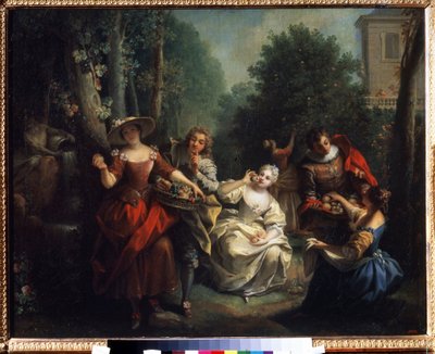 De fem sanser: ""Le gigt"" (Smagen) unge mennesker i aristokratiet smager frugt. Maleri af Jean Raoux (1677-1734) 1725-1735 Pushkin Museum, Moskva af Jean Raoux