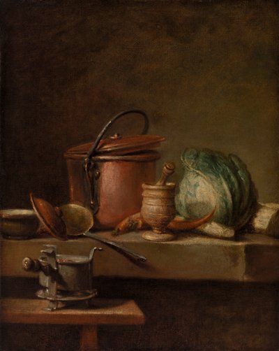 Stilleben med kobbergryde, kål, støder og komfur af Jean Baptiste Simeon Chardin