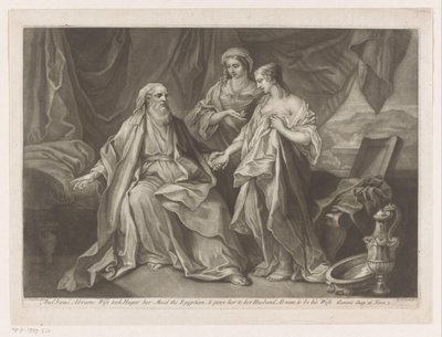 Sara stelt Hagar voor aan Abraham Og Sarai Abrams Hustru tog Hager sin Tjenestepige, den egyptiske, og gav hende til sin Mand Abram for at være hans Hustru (titel på objektet) af Jean Simon