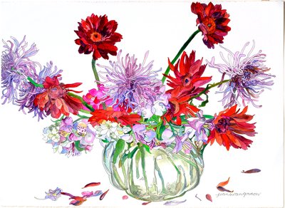 Gerbera, Betlehemsstjerne, edderkoppekrysantemum, Heisey-kande, 2000 (akvarel og blæk på papir) af Jean Swan Gordon