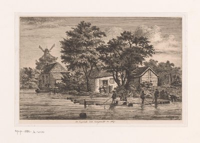 Udsigt over den engelske vest i Antwerpen, hvorpå træstammer er samlet, bygninger og en mølle i baggrunden Den engelske vest færdiggjort i 1867 (titel på objekt) af Jean Théodore Joseph Linnig
