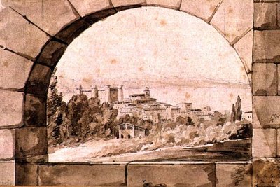 Udsigt over byen og søen Bracciano, ca. 1810 (pen & sepia blæk med sepia vask på papir) af Jean Thomas Thibault