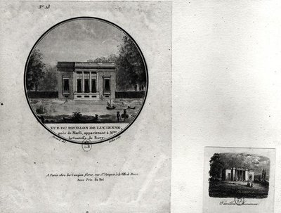 Udsigt over en pavillon i Louveciennes bygget af Claude-Nicolas Ledoux (1736-1806) til Madame du Barry (wc på papir) af Jean Testard