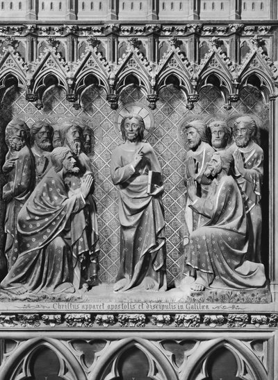 Katedral, interiør, korskærm, Jesus Kristus, der viser sig for apostlene og disciplene i Galilæa, ca. 1340-51 (polykrom sten) af Jean and Jean Le Boutellier Ravy