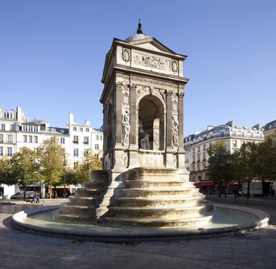 Udsigt over Fontaine des Innocents, i renæssancestil, monumental springvand bygget i 1549 under Henrik II