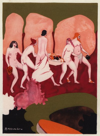 The Love Books of Ovid: Fanger i dit tog, unge og jomfruer skal følge (farvelitografi) af Jean de Bosschere