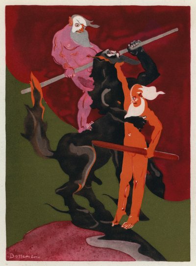 Ovids kærlighedsbøger: De vilde Lapithae og kentaurernes uhyrlige race (farvelitografi) af Jean de Bosschere