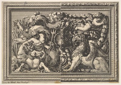 Design til et panel med to varianter indeholdende en Hippocamp og en Griffin, fra: Ornements..., 1651. af Jean le Pautre