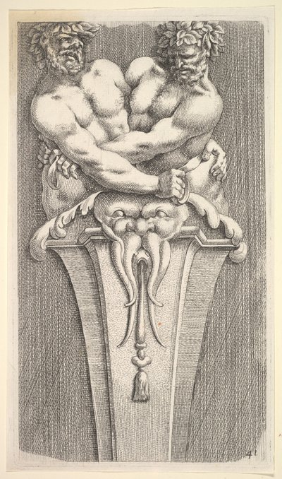 Design til en periode med to bacchiske figurer, fra: Curieuses Recherches de Several Beaus..., 1645. af Jean le Pautre