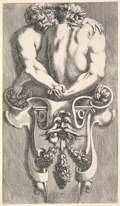 Design til en periode med to omfavnende satyrer, fra: Curieuses Recherches de Several Beaus..., 1645. af Jean le Pautre