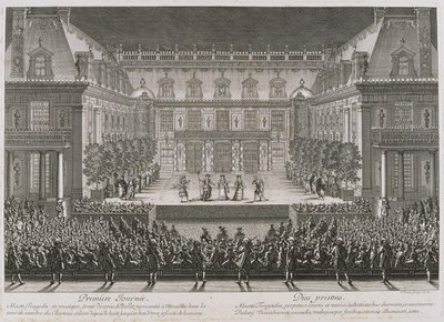 Jean-Baptiste Lullys opera Alceste opføres i marmorgården ved Versails palads af Jean le Pautre
