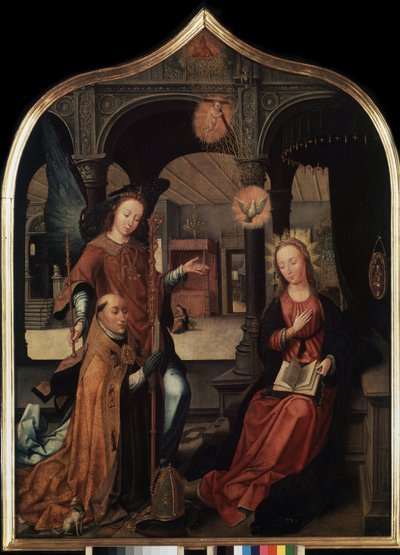 ""repræsentation af bebudelsen med skytshelgen Guillaume af Bruxelles"" Centralpanel i bebudelsens triptykon (Bebudelsen). Maleri på træ af Jean Bellegambe den ældre (1470-1534) Sankt Petersborg, Eremitagemuseet af Jean the Elder Bellegambe