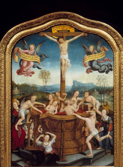 Det mystiske bad. Ved foden af det kors, hvorpå Kristus er korsfæstet, bader mænd og kvinder i en kilde af blod fra Messias