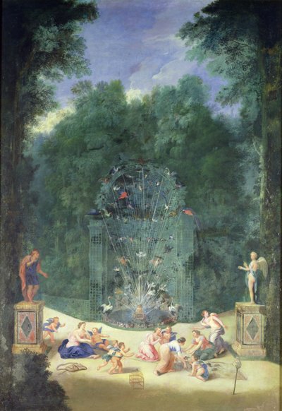 The Groves of Versailles: Udsigt over indgangen til labyrinten med fugle, nymfer og keruber, 1688 af Jean the Younger Cotelle