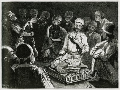 Den persiske historiefortæller omgiver sit publikum. Gravering af den rejsende forfatter, til illustration af historien "Persien, Kaldæa og Susiane" af Jeanne Dieulafoy