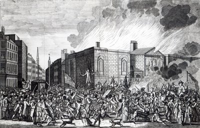 En nøjagtig gengivelse af oprørernes afbrænding, plyndring og ødelæggelse af Newgate den mindeværdige 7. juni 1780, indgraveret af Henry Roberts, 1781 af Jefferyes Hammett O