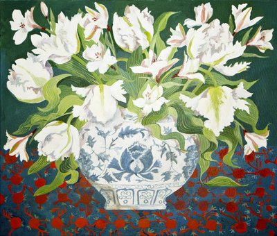 Hvide dobbelte tulipaner og alstroemeria, 2013 (akryl på lærred) af Jennifer Abbott