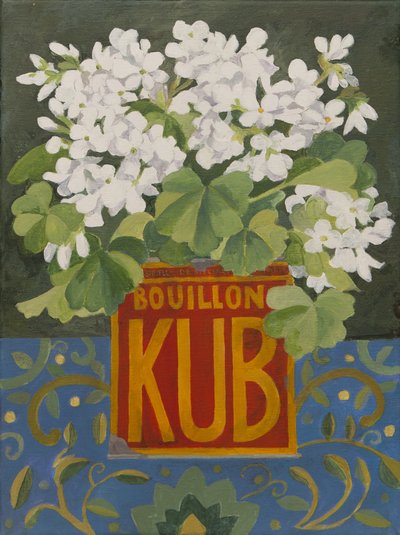 Hvide pelargonier i gammel terningdåse (akryl) af Jennifer Abbott