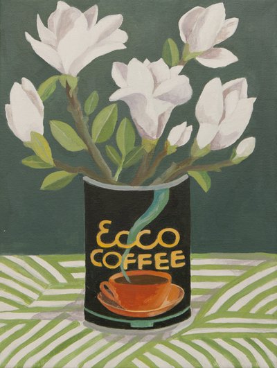 Hvid magnolia i gammel kaffedåse (akryl) af Jennifer Abbott