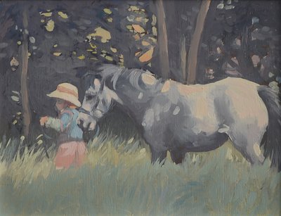 Caroline og ponyen Rosie (olie på lærred) af Jennifer Wright