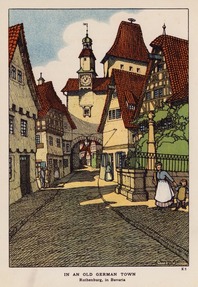 I en gammel tysk by, Rothenburg, i Bayern (farvelitografi) af Jenny Wylie
