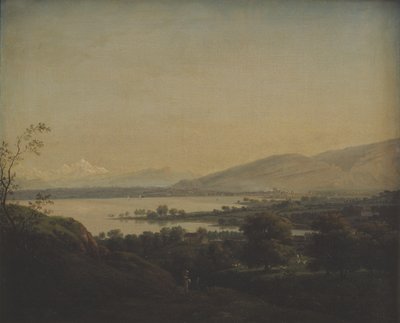 Udsigt over søen Leman mod Mont Blanc og Genève af Jens Juel