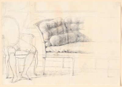 Studie til det Holmskioldske familiebillede fra 1787: den polstrede sofa, og til venstre en stol med Holmskiolds figur skitseret af Jens Juel