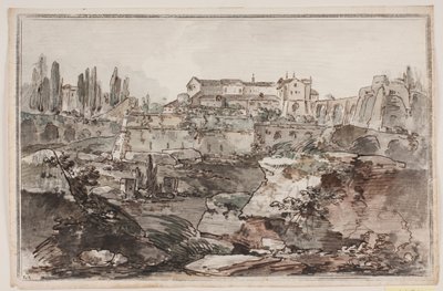 Prospekt med fæstning (?), ruiner, klipper og vand af Jens Petersen Lund