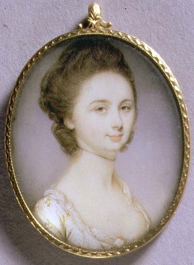Portrætminiature af en dame i hvid kjole, ca.1780-85 (akvarel på elfenben) af Jeremiah Meyer