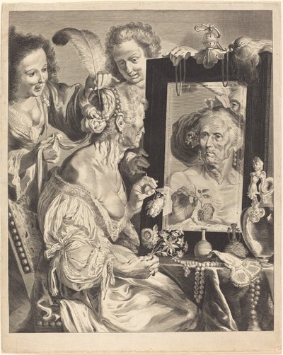 En gammel kvinde ved toiletbordet af Jeremias Falck after Johann Liss after Bernardo Strozzi