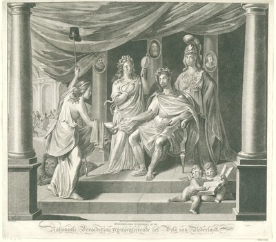 Allegori om nationalforsamlingen, 1796 Symbolsk kunsttryk på nationalforsamlingen, der repræsenterer folket i Holland (titel på objekt) af Jeremias Snoek