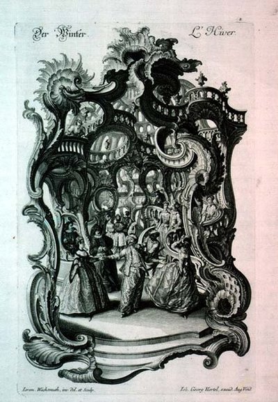 Vinter, rokoko nodeark, der forestiller en fancy dressball, pub. af Johann Georg Hertel af Jeremias Wachsmuth