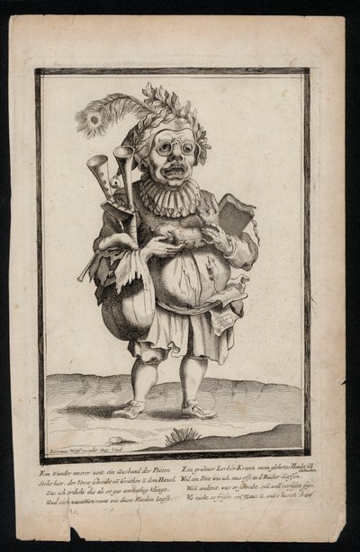 Mand med et sæt sækkepiber og iført en påfuglefjer hovedbeklædning, surrealistisk kostumetryk, c1700 (gravering) af Jeremias Wolff
