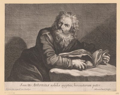 H. Antonius met een boek Sankt Antonius den adelige af Egypten, fader til eneboere (titel på objekt) af Jerôme David