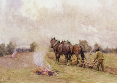 Pløjescene med ild på en mark, 1910 af Jessie Hall