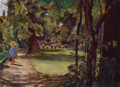 Kelmscott House, The Garden, ser fra floden (farve litho) af Jessie MacGregor