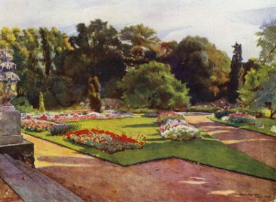 Sion, ser mod Parterres og springvand (farve litho) af Jessie MacGregor