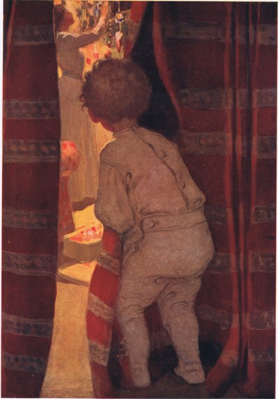 Han krøb nedenunder for at tage et kig i stuen (farve litho) af Jessie Willcox Smith