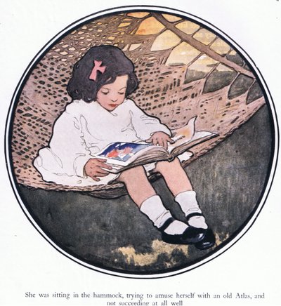 Hun sad i hængekøjen og prøvede at more sig med et gammelt atlas og det lykkedes slet ikke (farve litho) af Jessie Willcox Smith