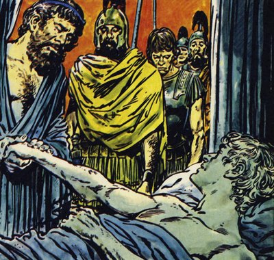 Alexander døde af feber i 323, 32 år gammel (farvelitografi) af Jesus Blasco